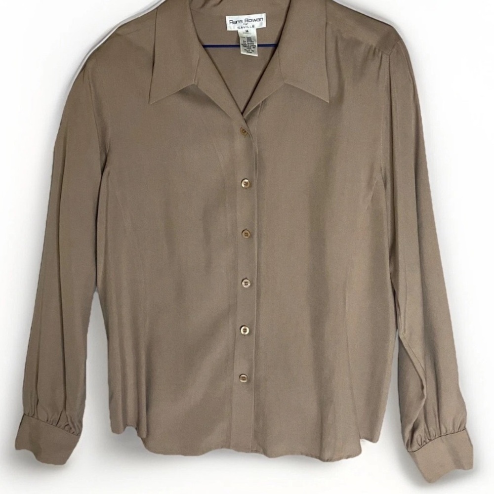 Vintage Rena Rowan for Saville 100% Silk Tan Blouse Women’s 14 Preppy Minimalist